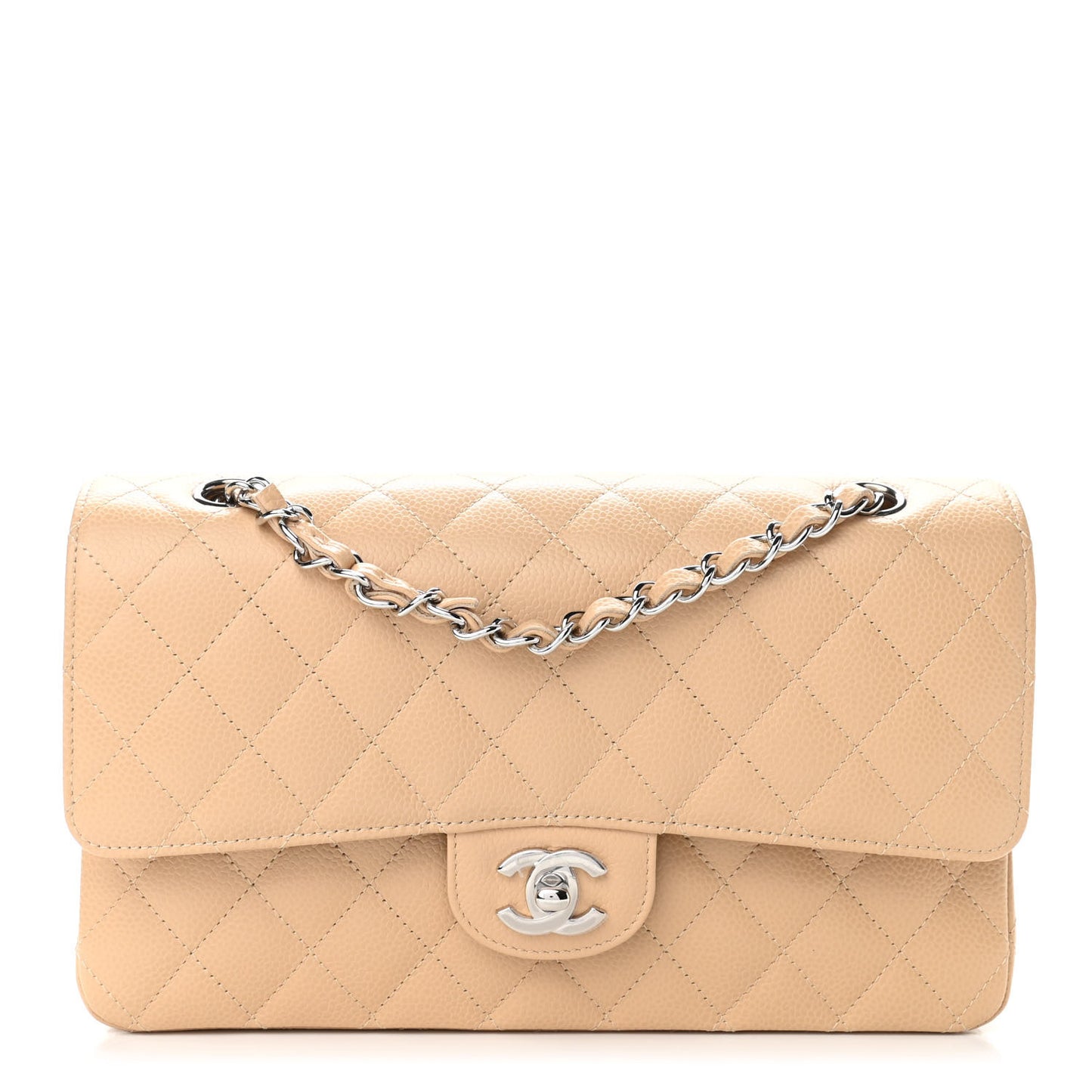 Caviar Quilted Medium Double Flap Beige