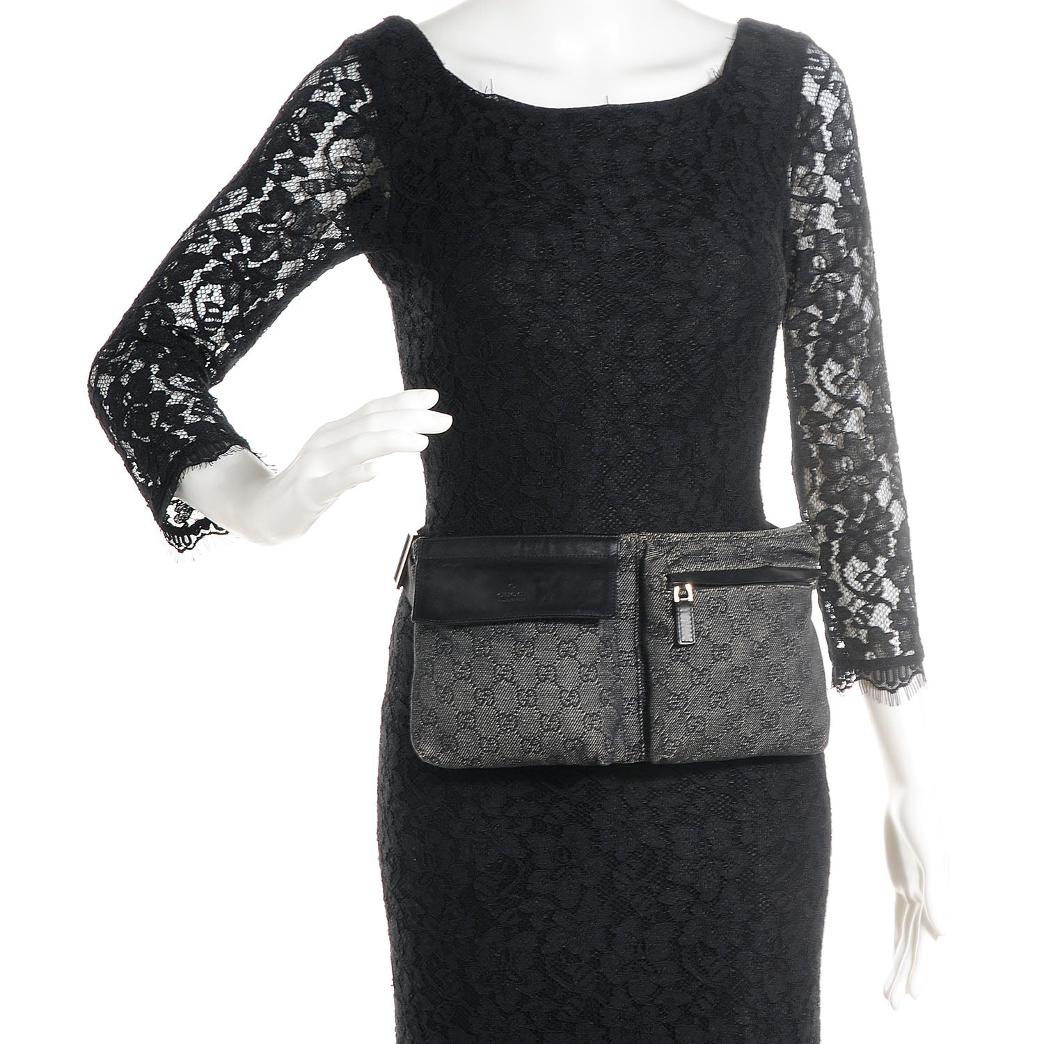 Gucci Denim Monogram Double Pocket Belt Bag Black 2 of 8