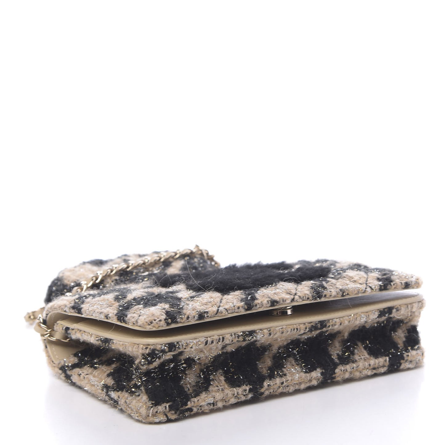 Tweed Shearling Quilted Wallet On Chain WOC and Coin Purse Beige Black