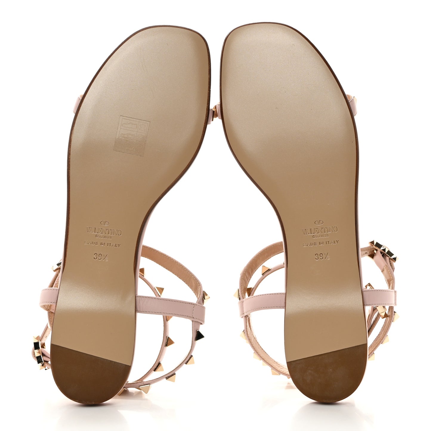 Calfskin Rockstud Ankle T-Strap Flat Sandals 39.5 Water Rose
