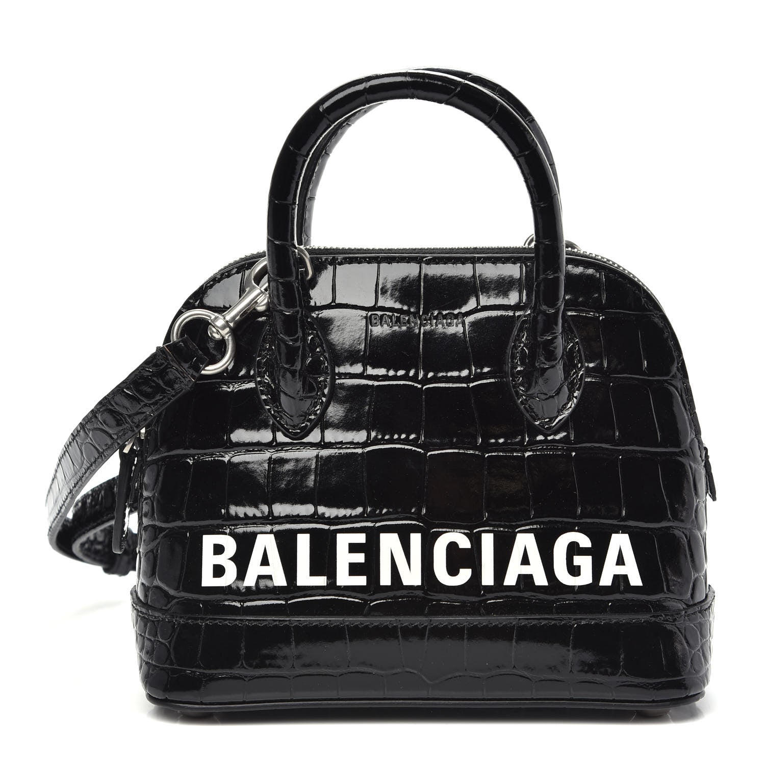 Balenciaga Shiny Calfskin Logo Crocodile Embossed XXS Ville Top Handle Bag Black White 1 of 10