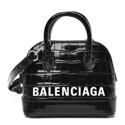 Balenciaga Shiny Calfskin Logo Crocodile Embossed XXS Ville Top Handle Bag Black White 1 of 10