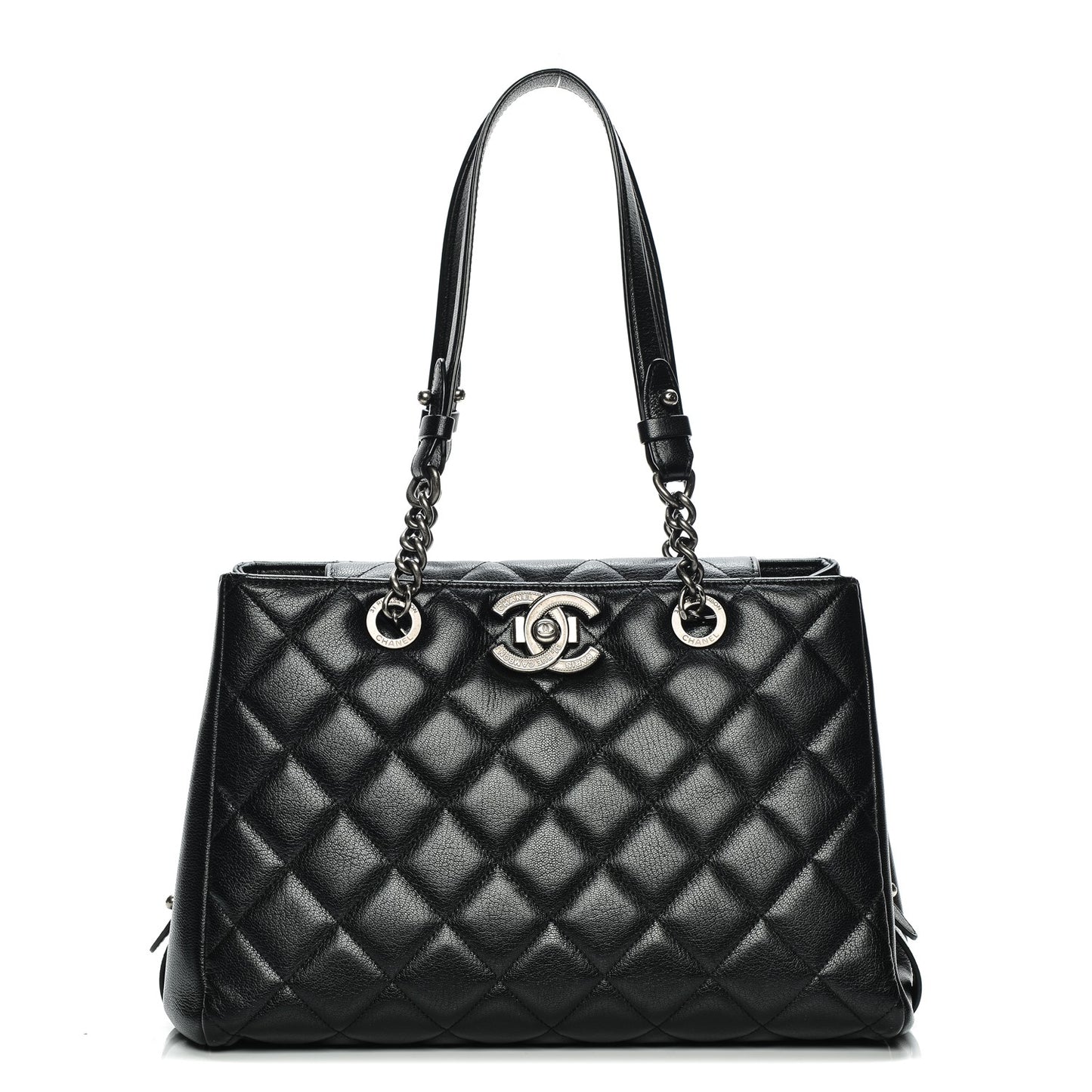 Metallic Goatskin Quilted Large City Rock Shopping Bag Black