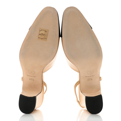 Chanel Goatskin Grosgrain Cap Toe CC Slingback Pumps 37.5 Beige Black 5 of 9