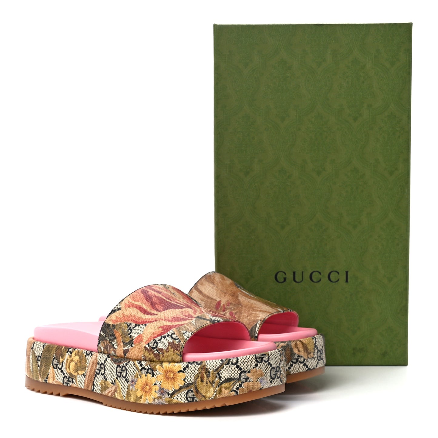 GG Supreme Monogram Water Flora Angelina Platform Slide Sandals 39.5 Beige Blue Multicolor