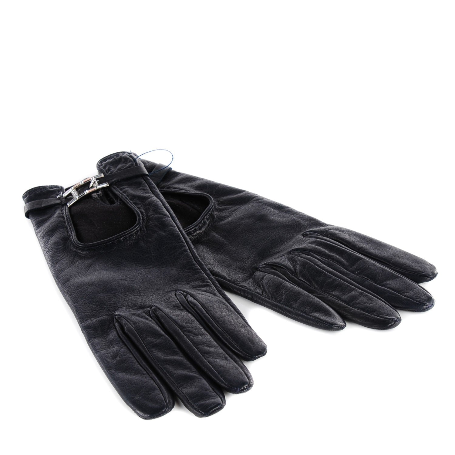 Hermes Lambskin Baguette Crystal Silk Lined Gloves 6.5 Indigo 1 of 7