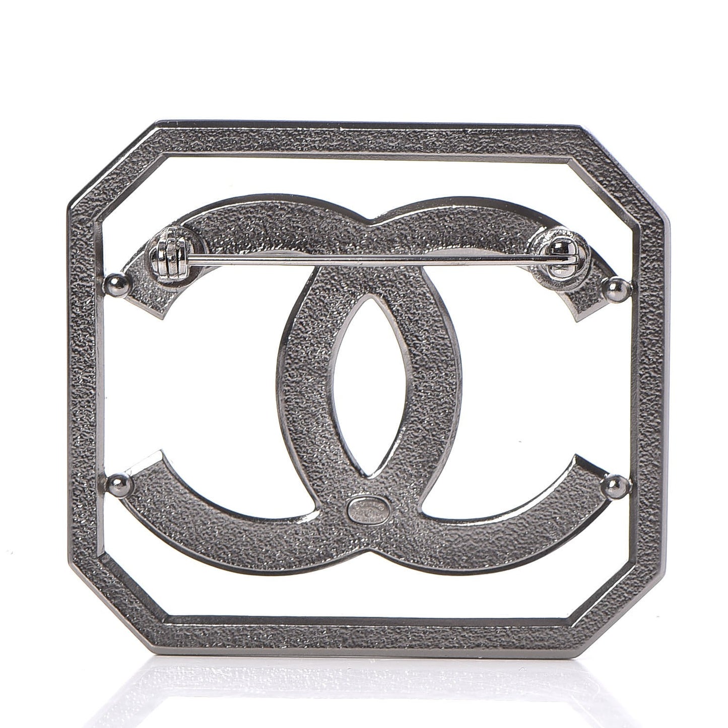 Metal Crystal CC Square Brooch Ruthenium