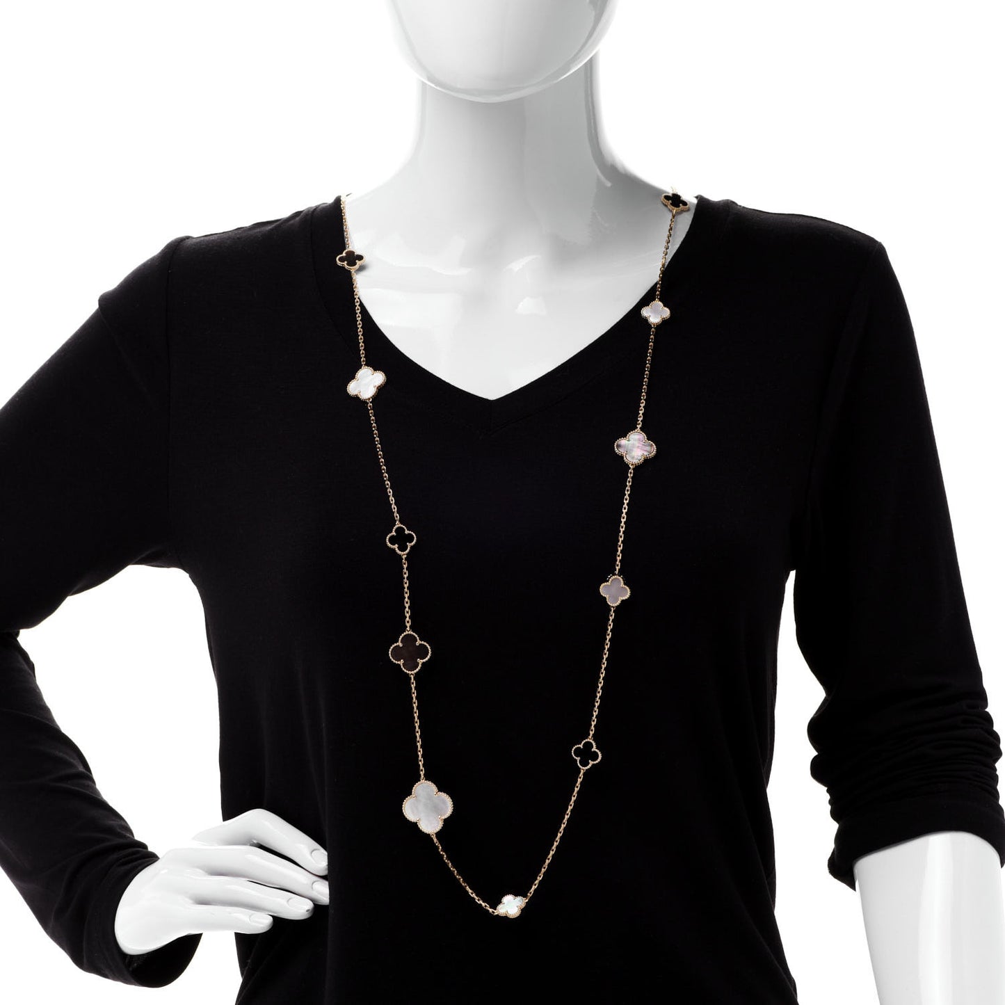 18K Yellow Gold Onyx Mother of Pearl 16 Motifs Magic Alhambra Necklace