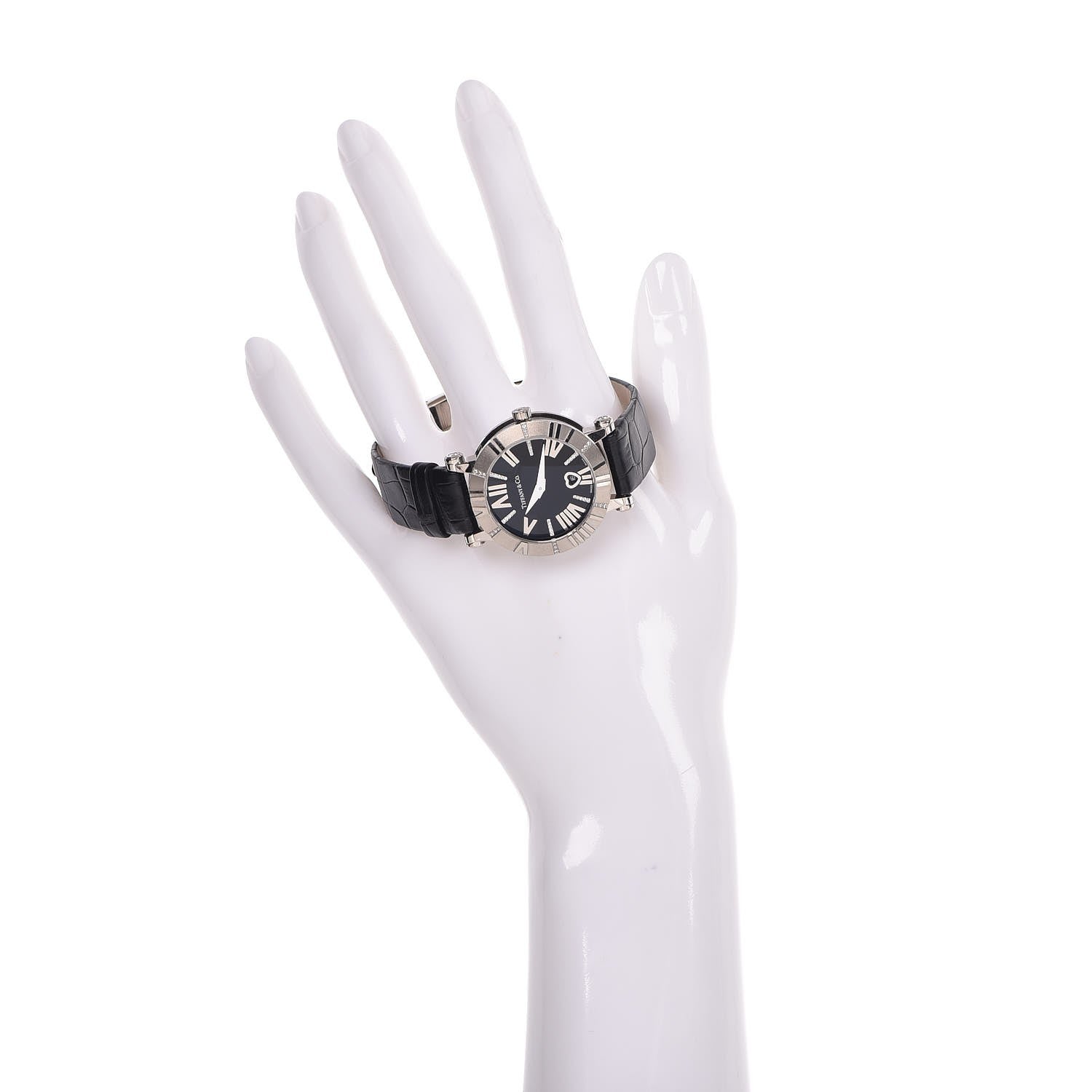 Tiffany 18K White Gold Alligator Diamond 30mm Atlas Quartz Watch Black 2 of 8