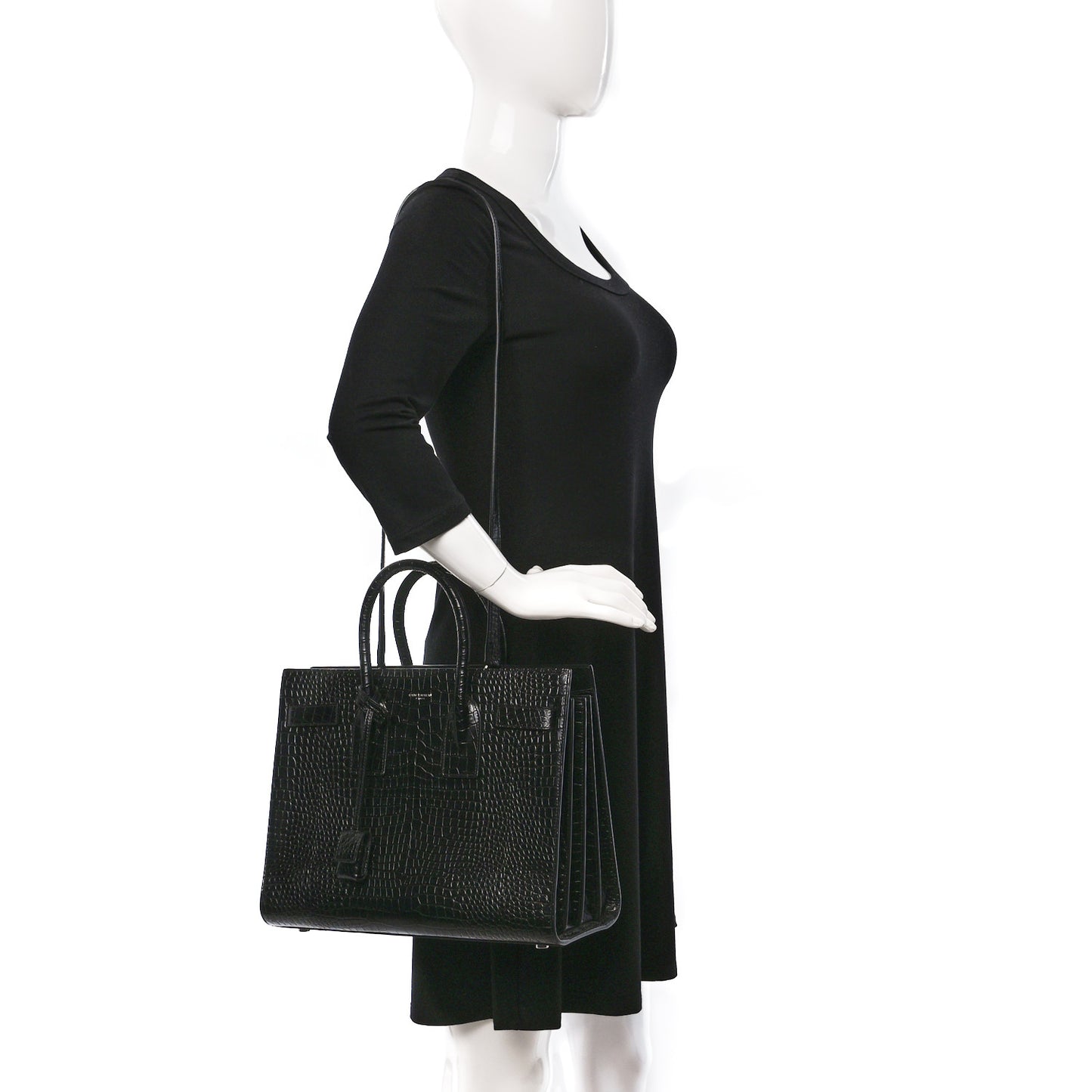 Calfskin Crocodile Embossed Small Sac de Jour Black