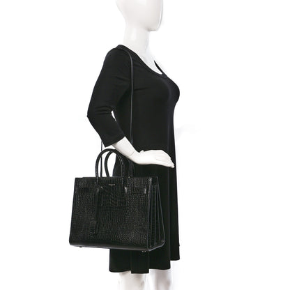 Saint Laurent Calfskin Crocodile Embossed Small Sac de Jour Black 2 of 11