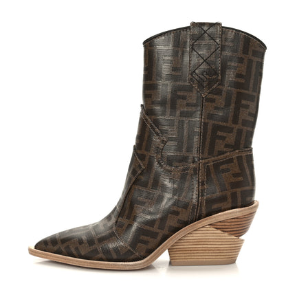 Fendi Glazed Fabric FF 1974 Cutwalk Ankle Boots 36 Mogano Panna 1 of 6