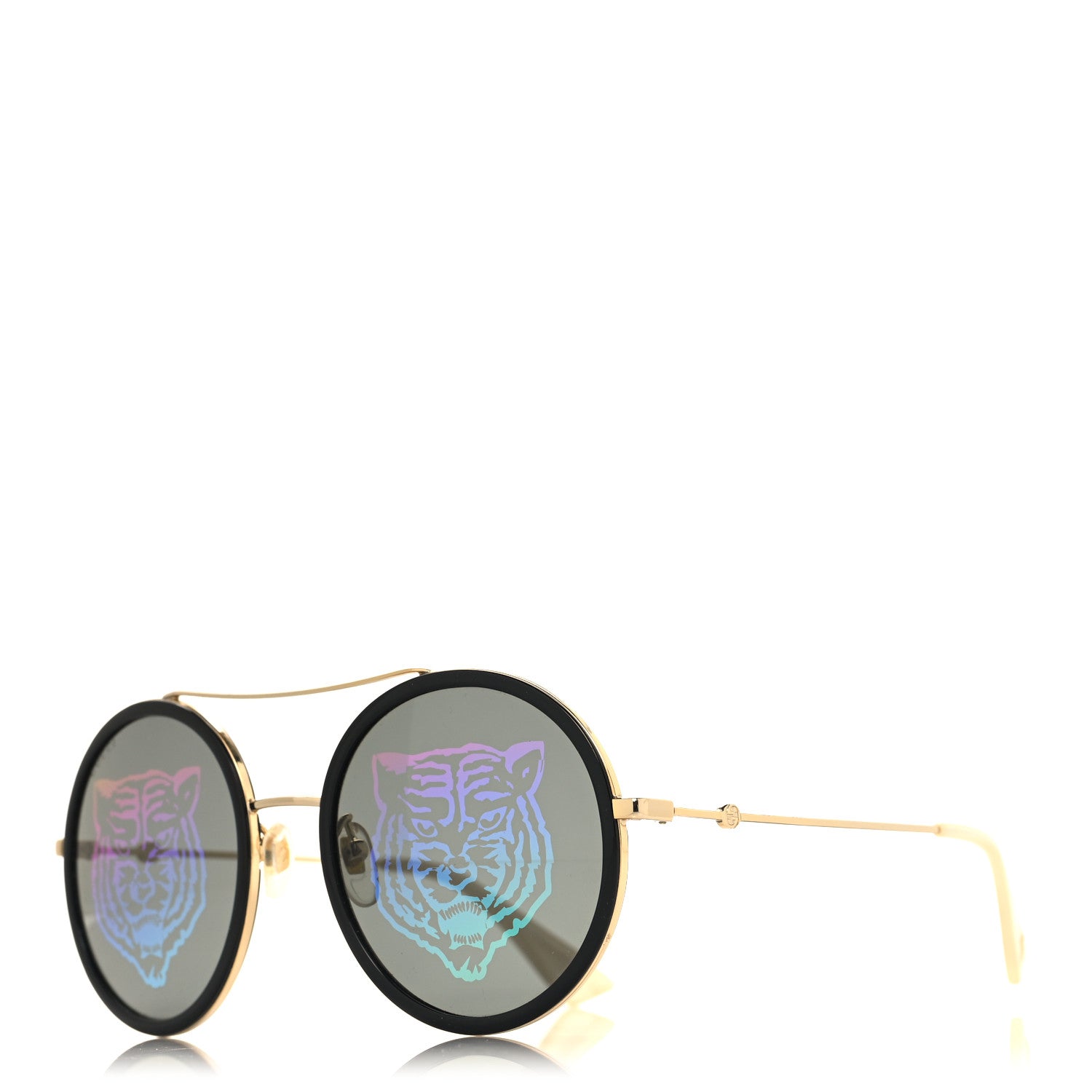 Gucci Metal Round Frame Tiger Print Sunglasses GG0061S Gold 1 of 7
