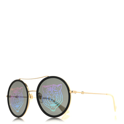 Gucci Metal Round Frame Tiger Print Sunglasses GG0061S Gold 1 of 7