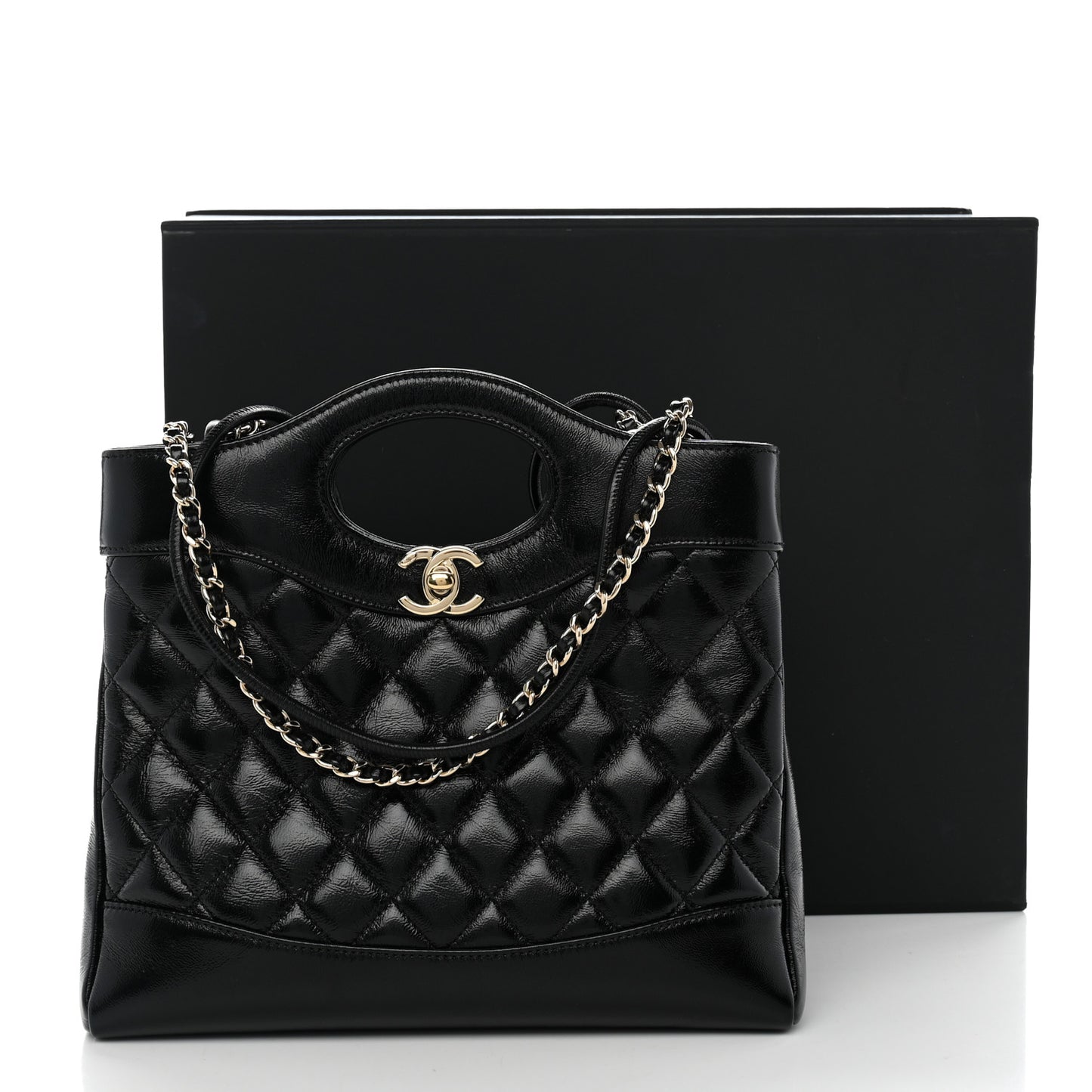 Shiny Crumpled Calfskin Quilted Mini 31 Shopping Bag Black