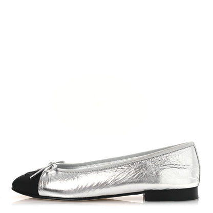 Chanel Laminated Crumpled Lambskin Grosgrain Cap Toe CC Ballerina Flats 36.5 Silver Black 1 of 12