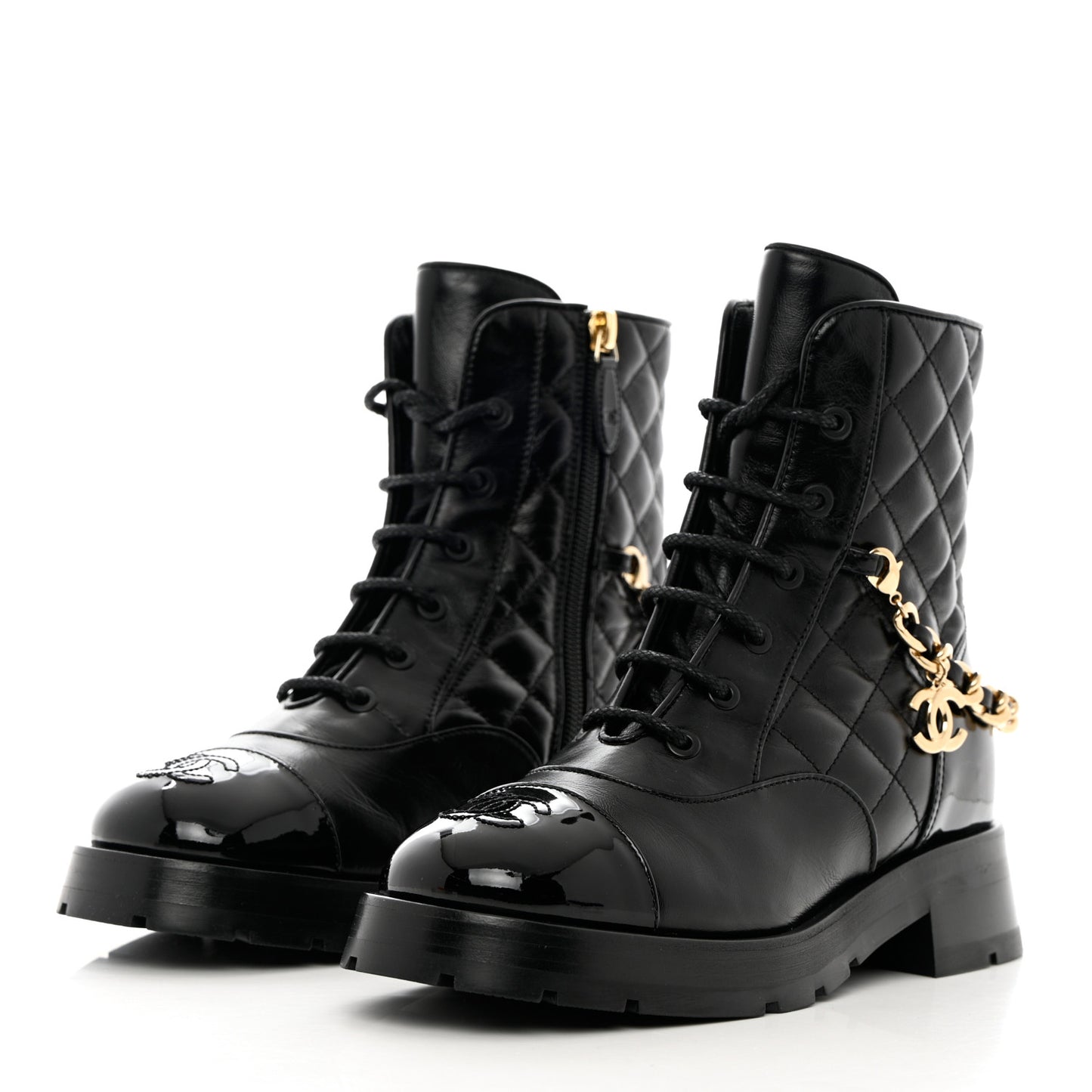 Shiny Calfskin Patent Quilted Chain Lace Up Combat Boots 36.5 Black