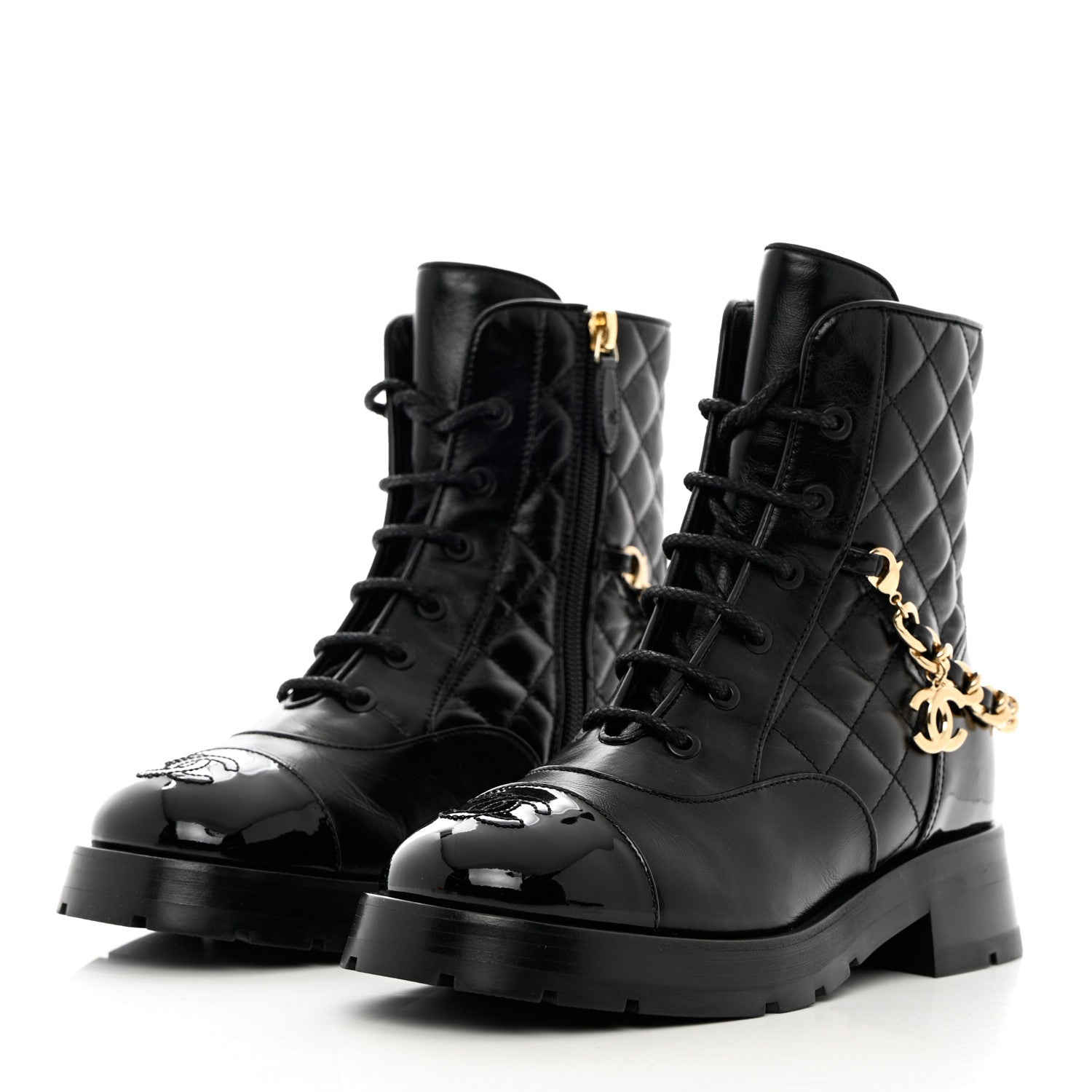 Chanel Shiny Calfskin Patent Quilted Chain Lace Up Combat Boots 36.5 Black 3 of 10