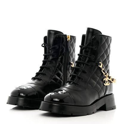 Chanel Shiny Calfskin Patent Quilted Chain Lace Up Combat Boots 36.5 Black 3 of 10