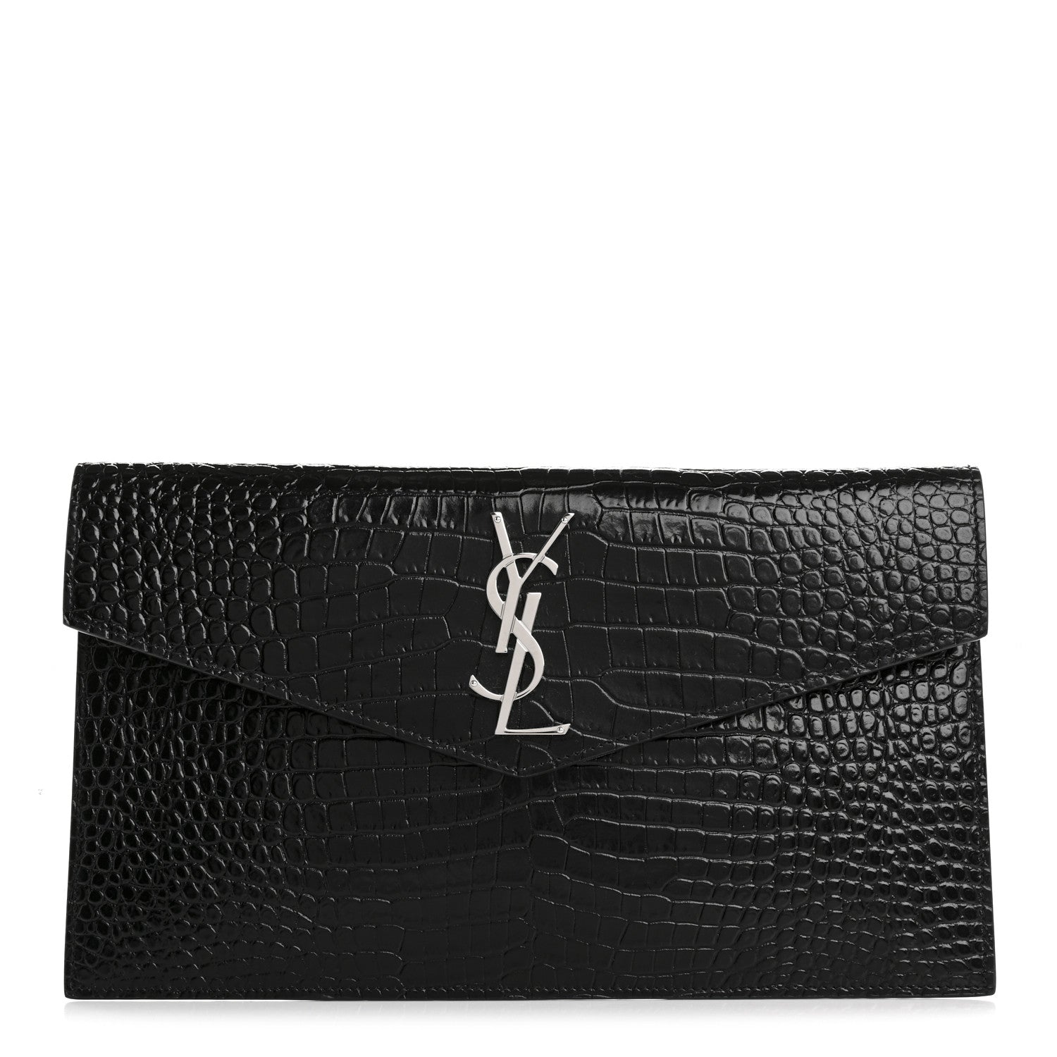 Saint Laurent Calfskin Crocodile Embossed Uptown Monogram Pouch Black 1 of 8