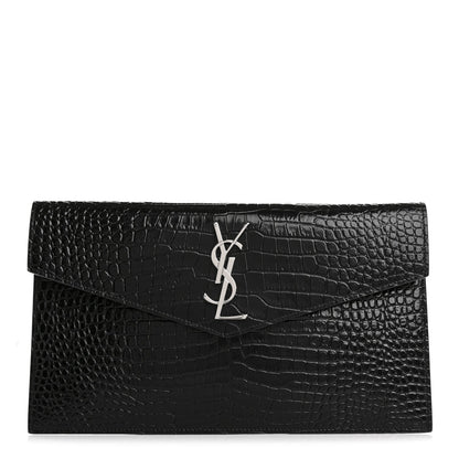 Saint Laurent Calfskin Crocodile Embossed Uptown Monogram Pouch Black 1 of 8