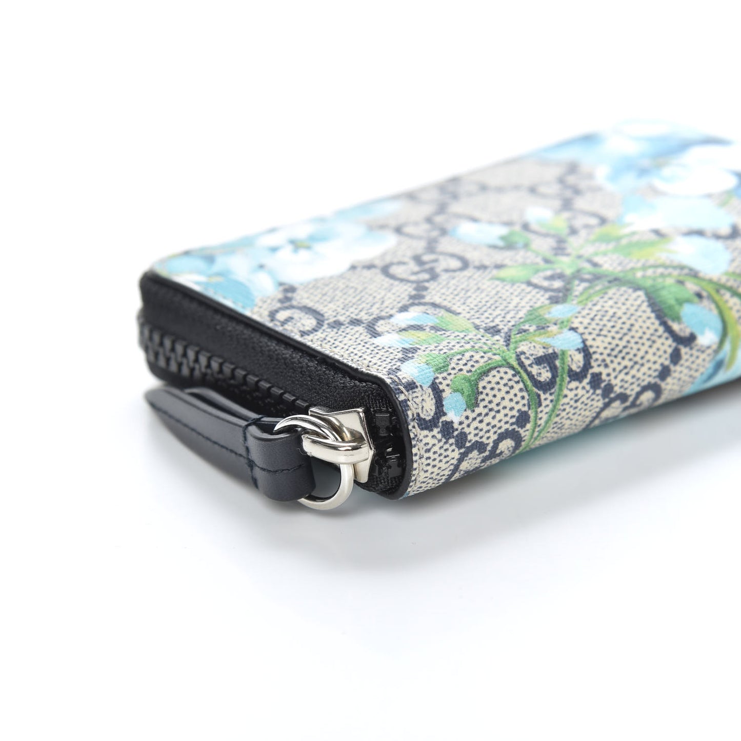 GG Supreme Monogram Blooms Zip Around Card Case Wallet Beige Blue Navy