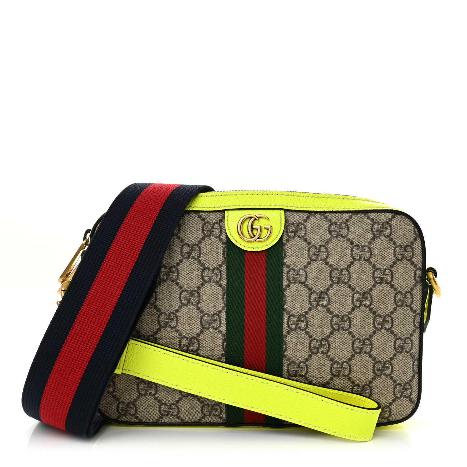 Gucci GG Supreme Monogram Textured Dollar Calfskin Web Ophidia Wristlet Shoulder Bag Beige Ebony Fluo Yellow 1 of 11