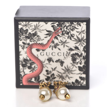 Gucci Metal Crystal Lion Earrings Aged Gold 5 of 5