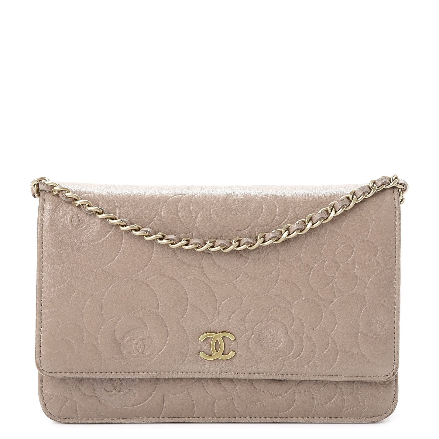 Lambskin Camellia Embossed Wallet on Chain WOC Beige