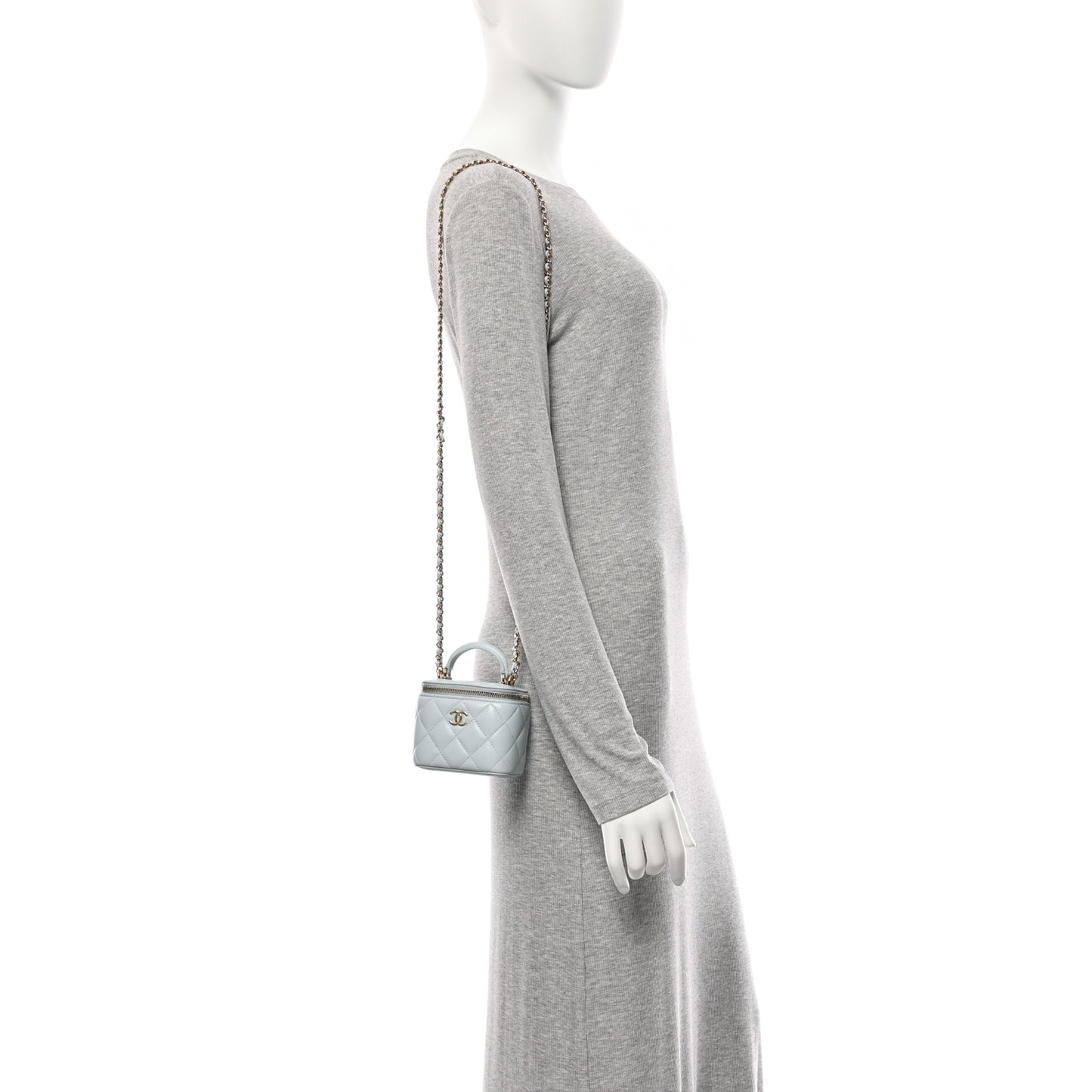 Lambskin Quilted Top Handle Mini Vanity Case With Chain Light Blue