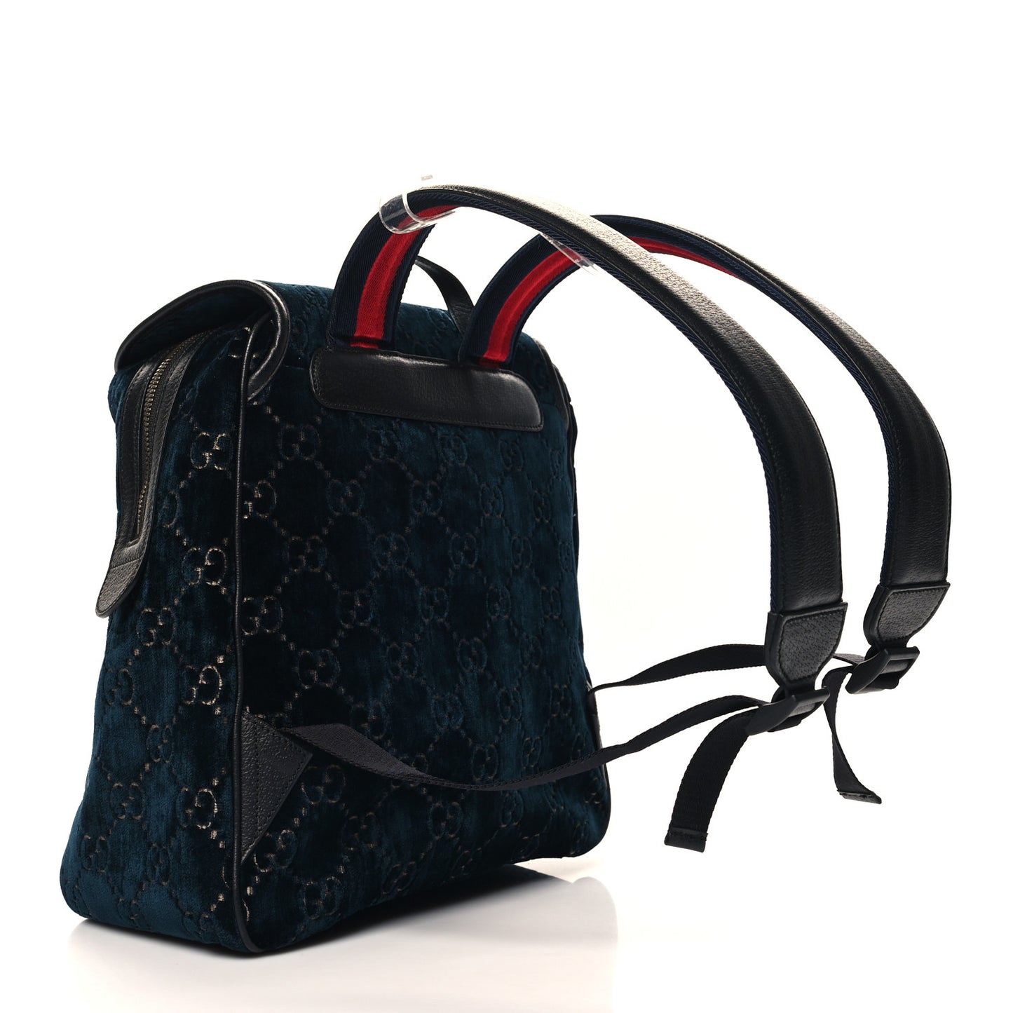 Velvet GG Monogram Textured Calfskin Web Small Double Buckle Backpack Blue Beige Black