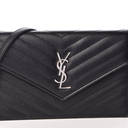Saint Laurent Grain De Poudre Matelasse Chevron Monogram Envelope Chain Wallet Black 7 of 10