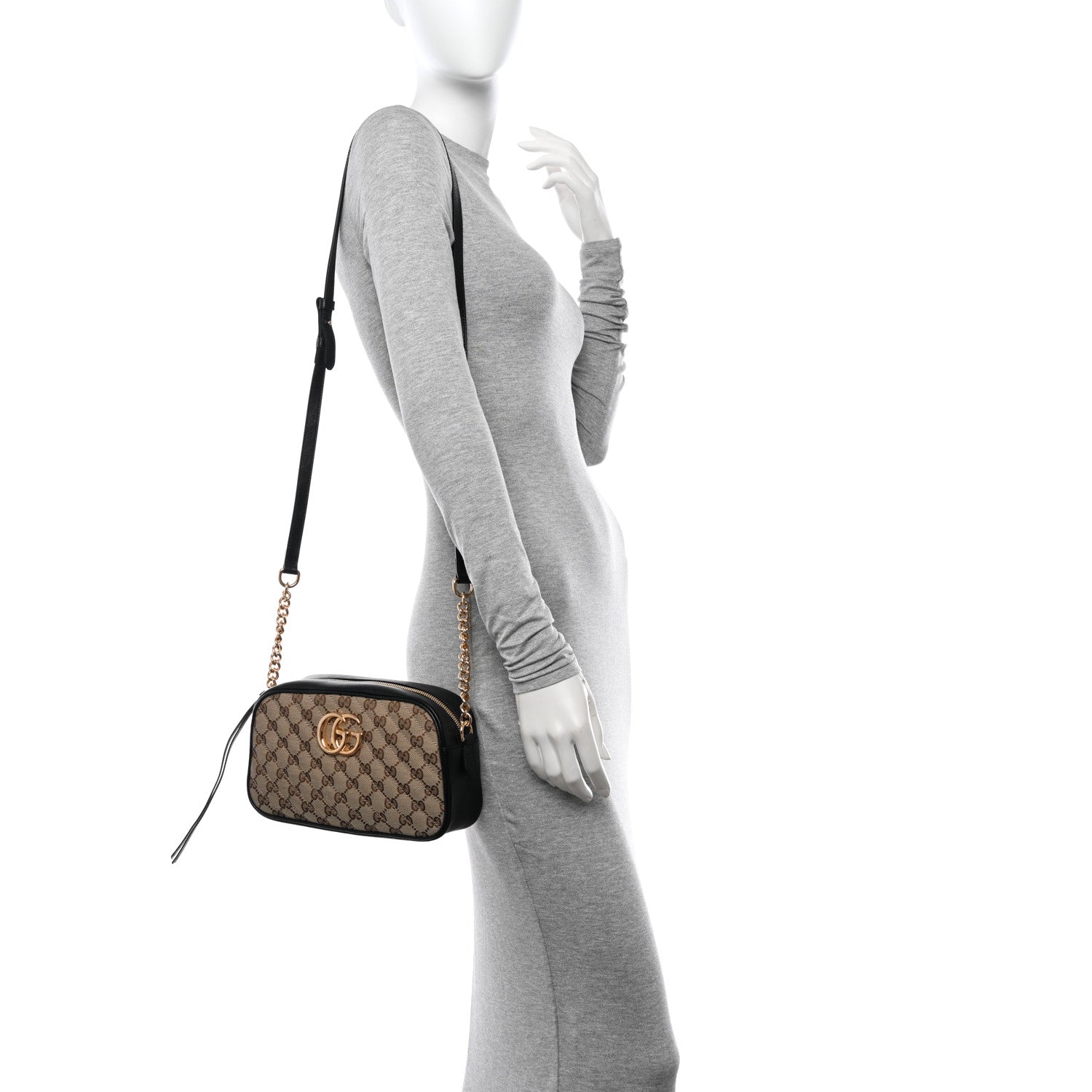 Gucci Monogram Matelasse Diagonal Small GG Marmont Chain Shoulder Bag Beige Black 2 of 10