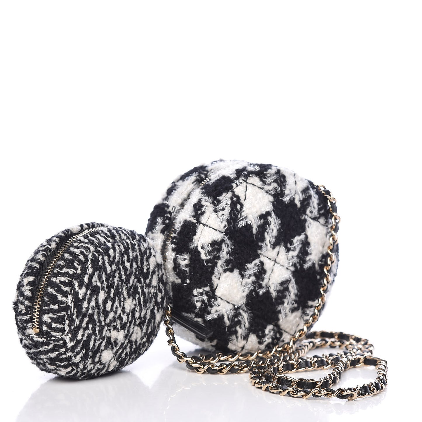 Tweed Shearling Round Clutch With Chain and Coin Purse Black and White