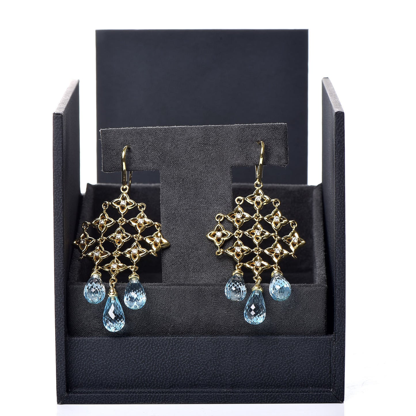 18K Yellow Gold Diamond Blue Topaz Quatrefoil Drop Earrings