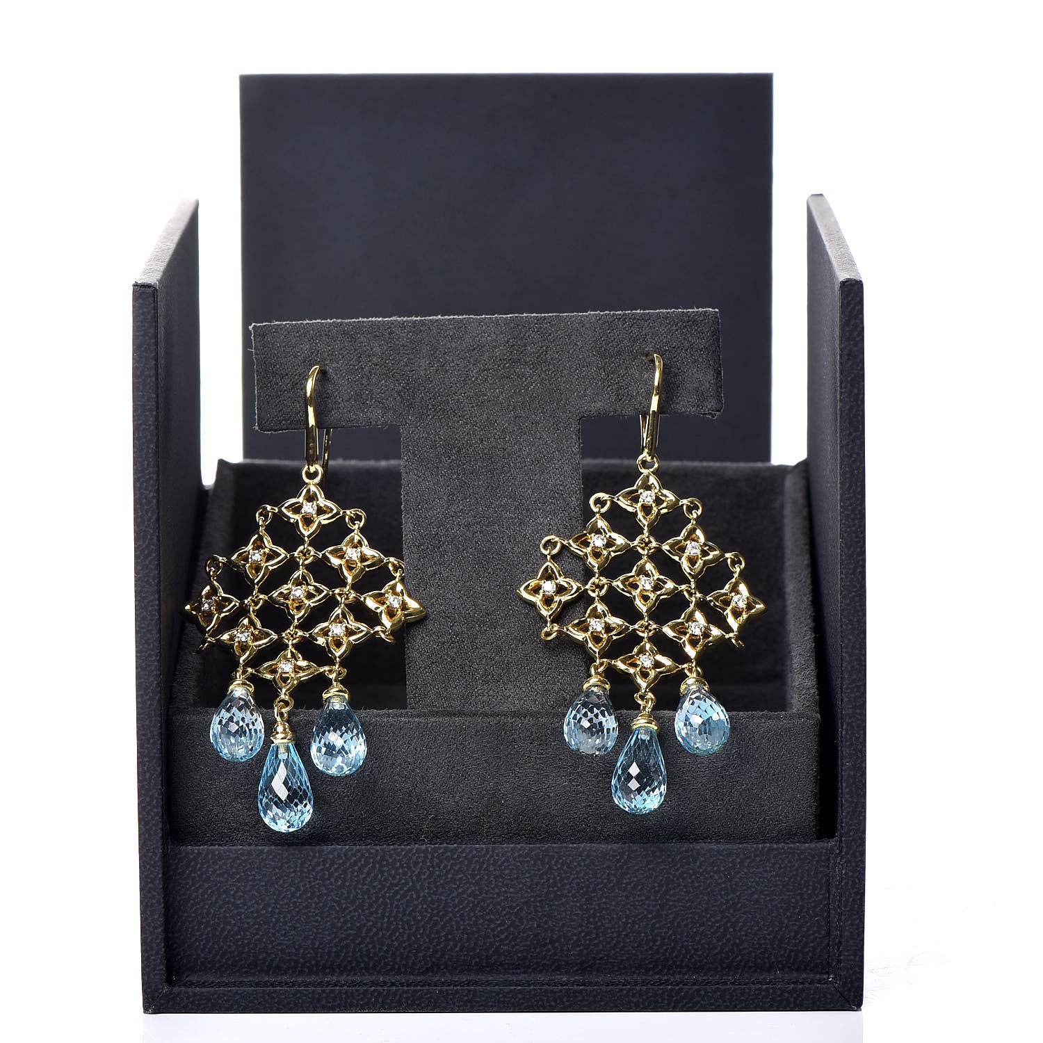David Yurman 18K Yellow Gold Diamond Blue Topaz Quatrefoil Drop Earrings 5 of 5