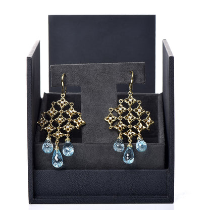 David Yurman 18K Yellow Gold Diamond Blue Topaz Quatrefoil Drop Earrings 5 of 5