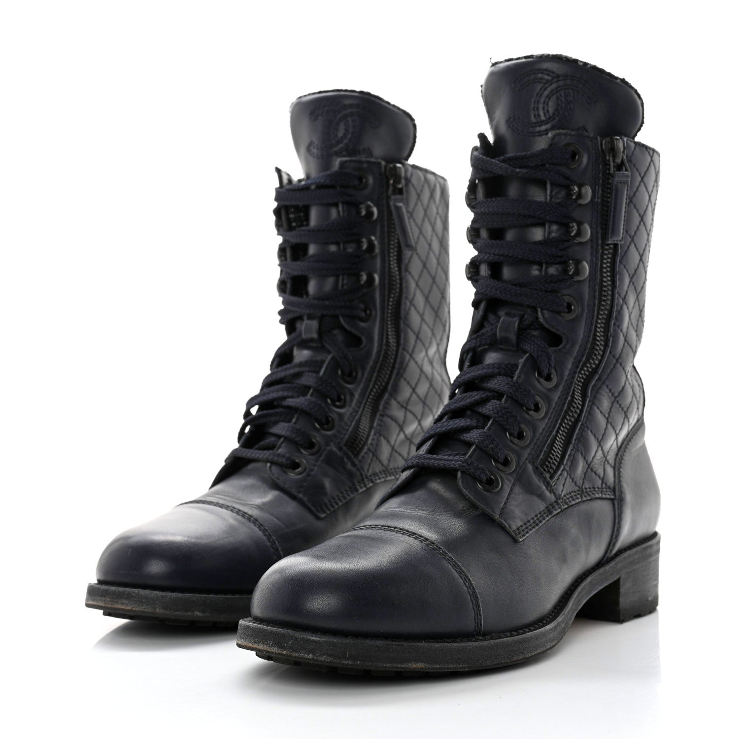 Chanel Sheepskin Quilted CC Tall Lace Up Combat Boots 40 Navy 3 of 11