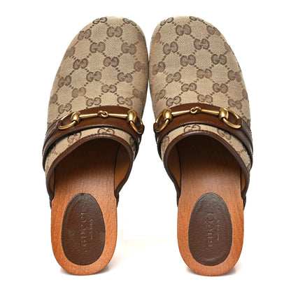 Gucci Monogram Goatskin Horsebit Clog Mules 38.5 Beige Ebony Brown Sugar 2 of 9