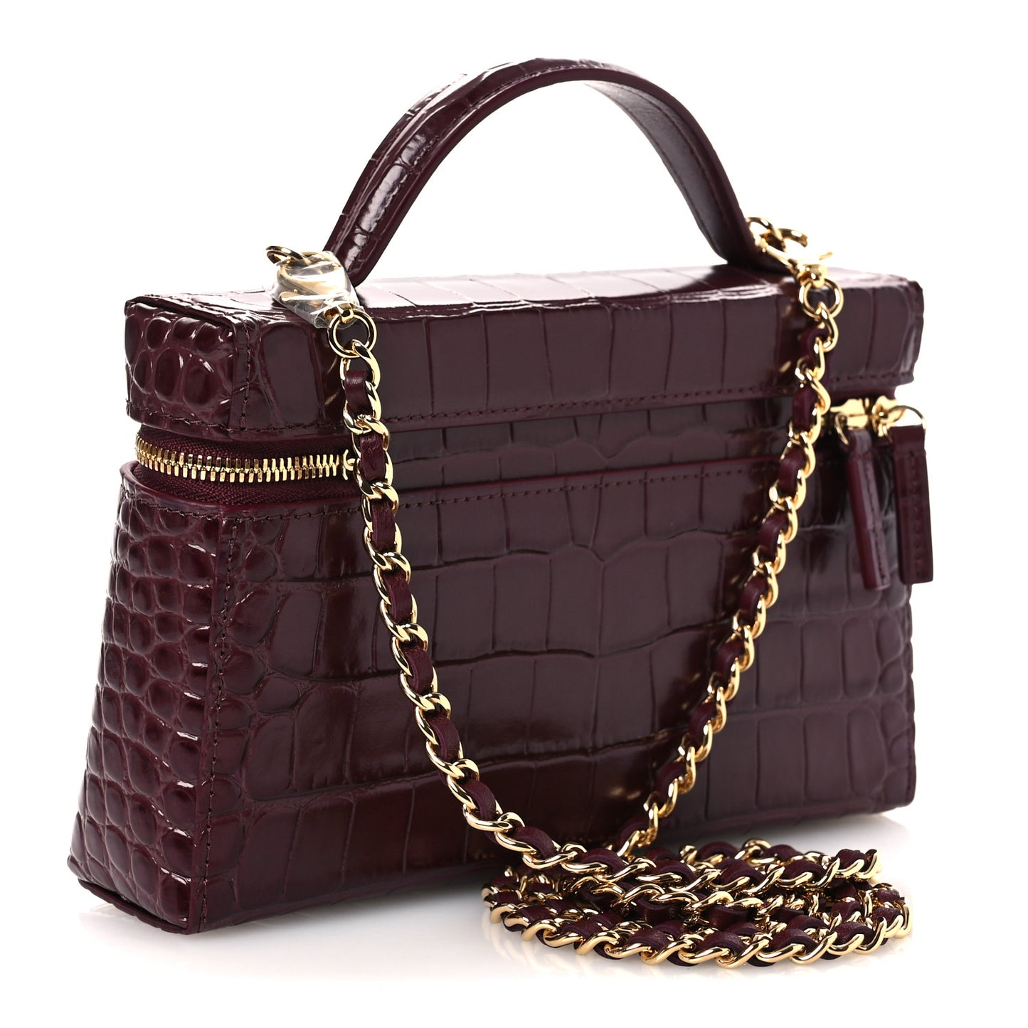 Calfskin Crocodile Embossed Crococo Small Slim Vanity Case With Chain Dark Burgundy