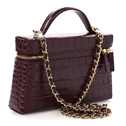 Chanel Calfskin Crocodile Embossed Crococo Small Slim Vanity Case With Chain Dark Burgundy 2 of 12