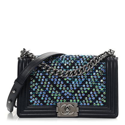 Chanel Tweed Crystal Calfskin Chevron Medium Boy Flap Blue 1 of 18