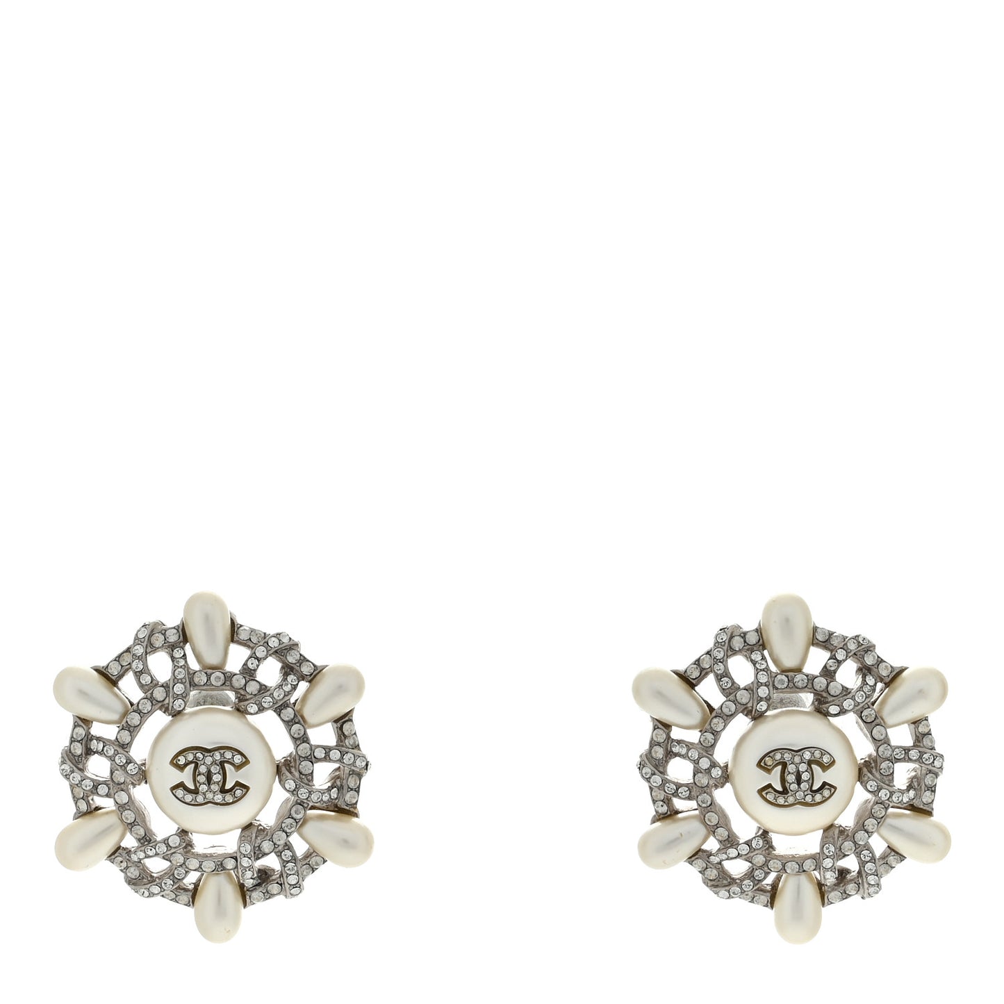 Pearl Crystal CC Wheel Earrings Pearly White Silver