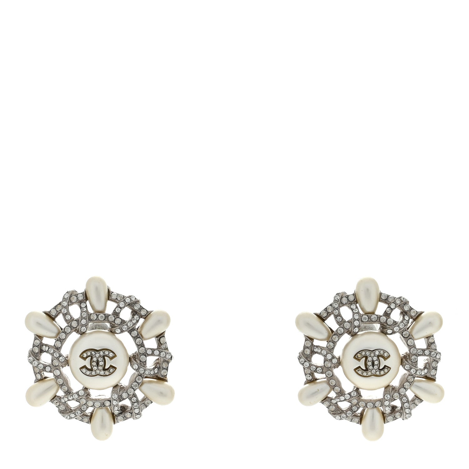 Chanel Pearl Crystal CC Wheel Earrings Pearly White Silver 1 of 4