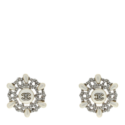 Chanel Pearl Crystal CC Wheel Earrings Pearly White Silver 1 of 4