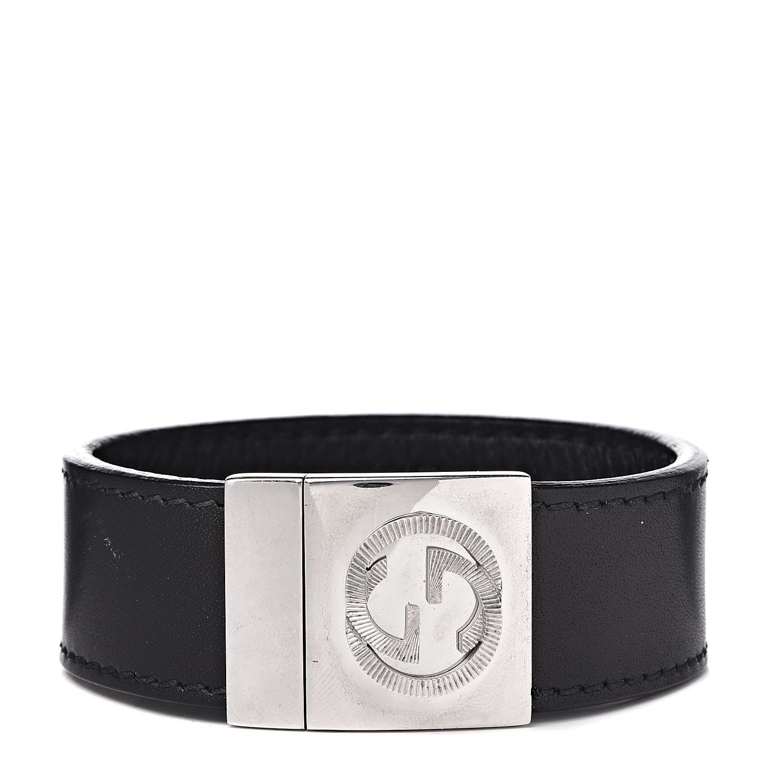 Gucci Sterling Silver Calfskin Interlocking G Bracelet Black 1 of 7