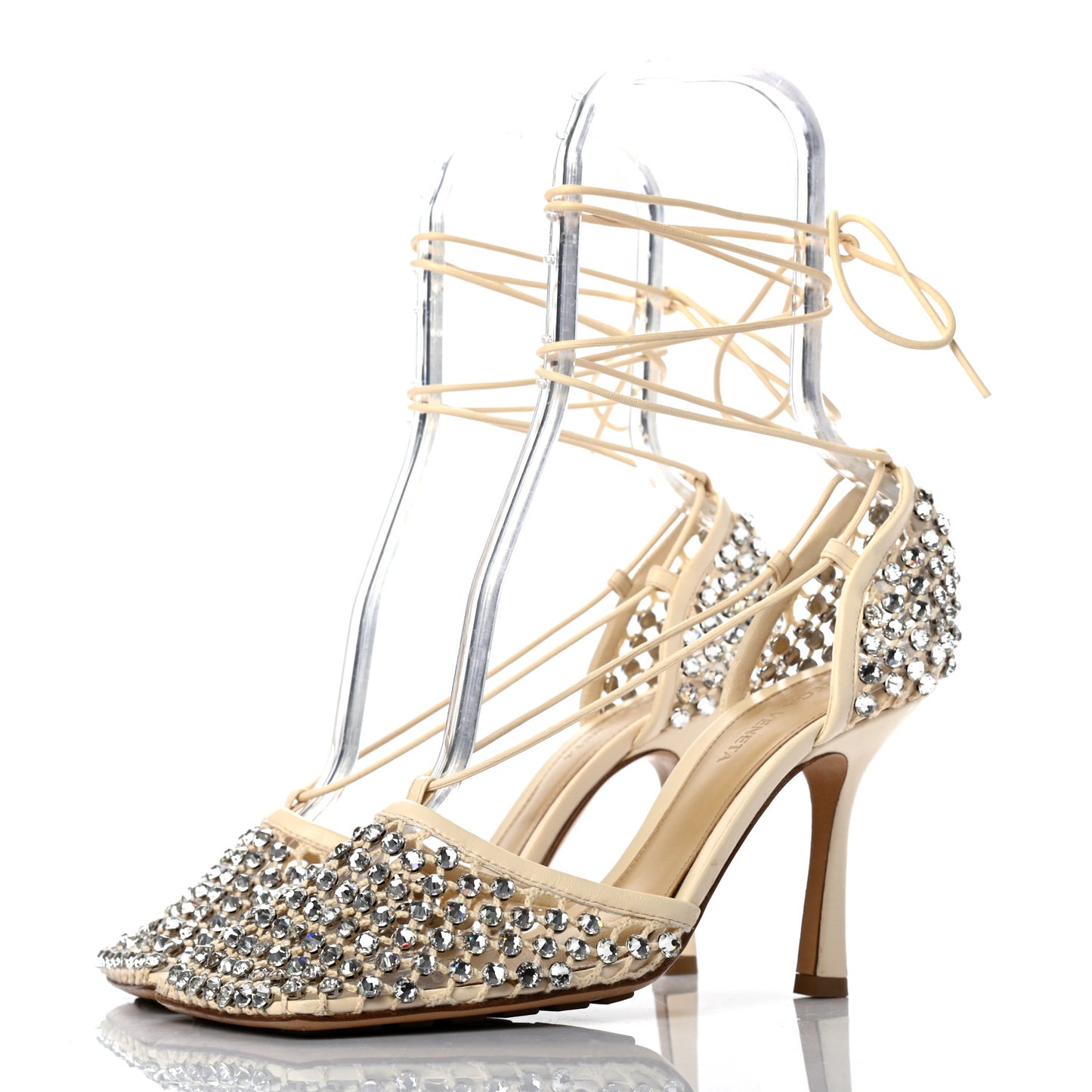 Mesh Nappa Crystal Embellished Sparkle Stretch Ankle Tie Sandals 37.5 Toile