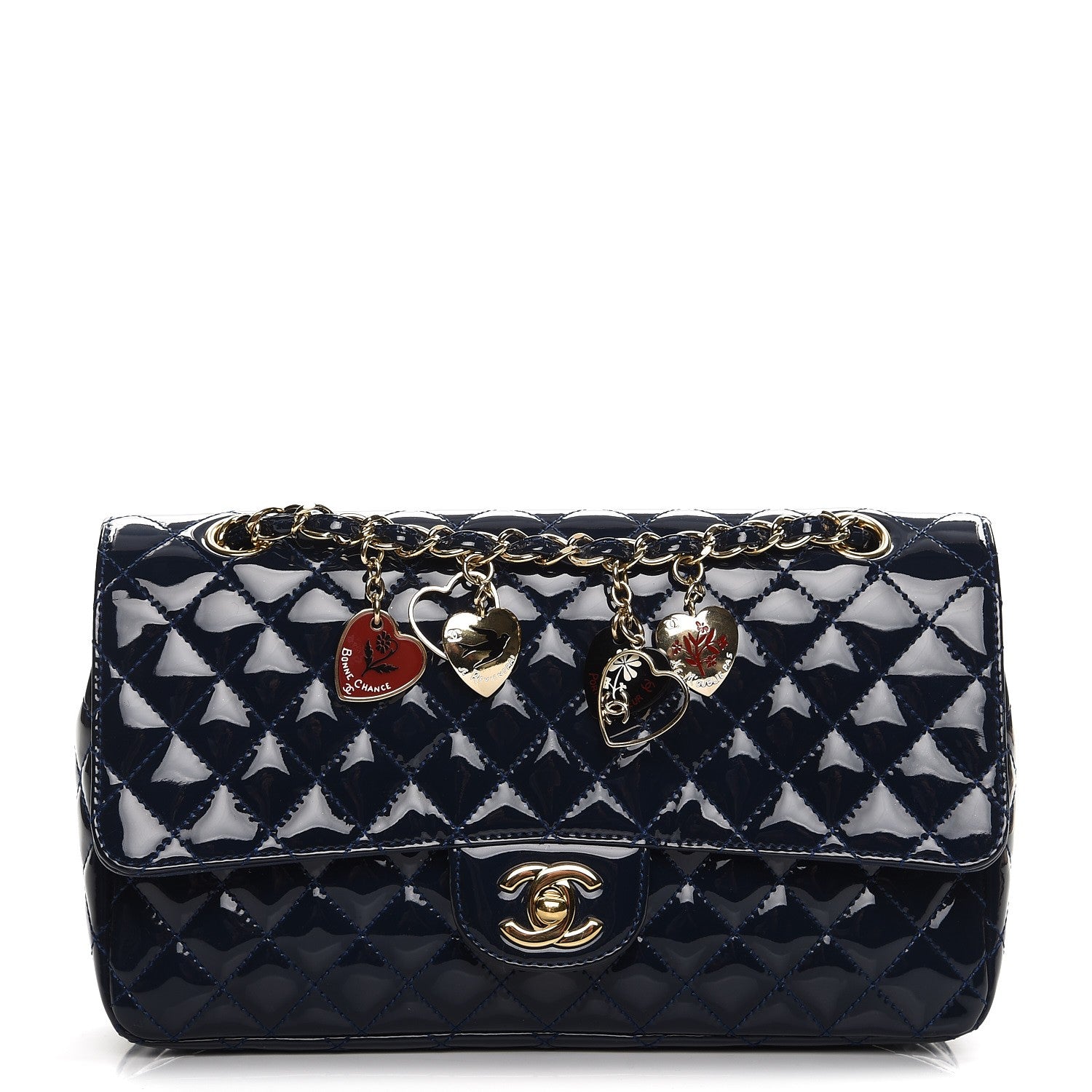 Chanel Patent Calfskin Quilted Valentine Charms Medium Single Flap Navy 1 of 8