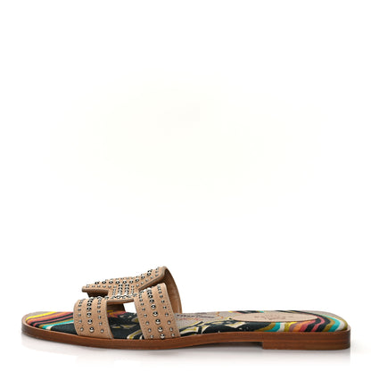 Hermes Suede Goatskin Studded Oran Sandals 37.5 Nude 1 of 8