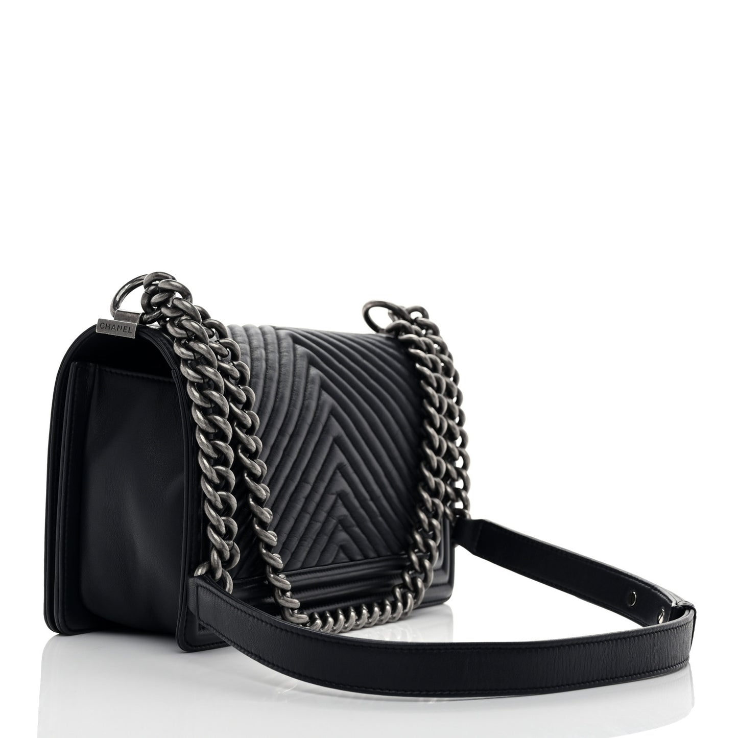 Calfskin Chevron Quilted Medium Boy Flap Navy Blue